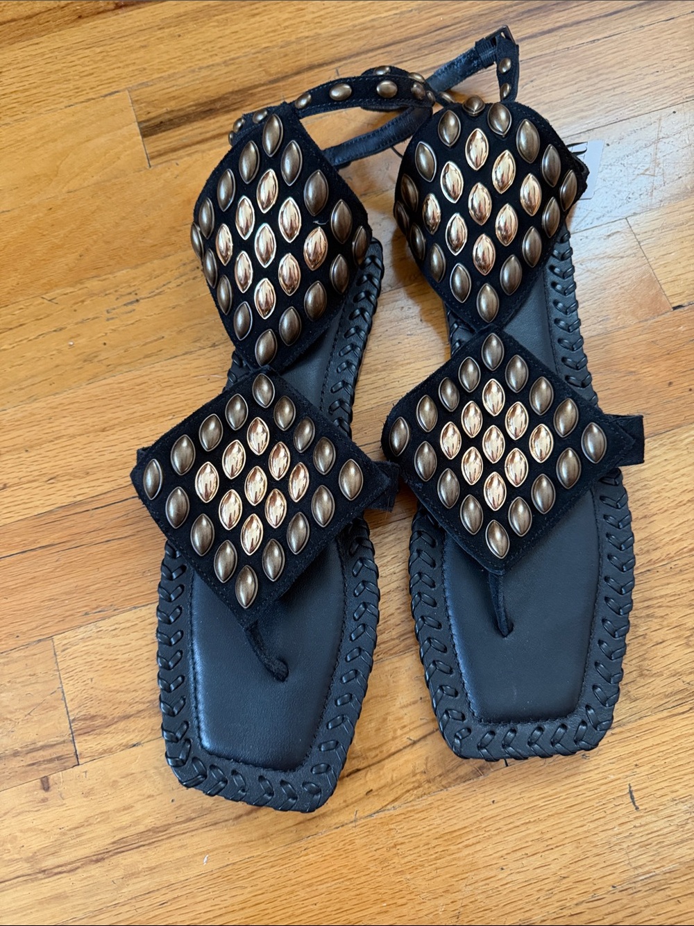 Zara Black Sandals with Gold Oval Studs